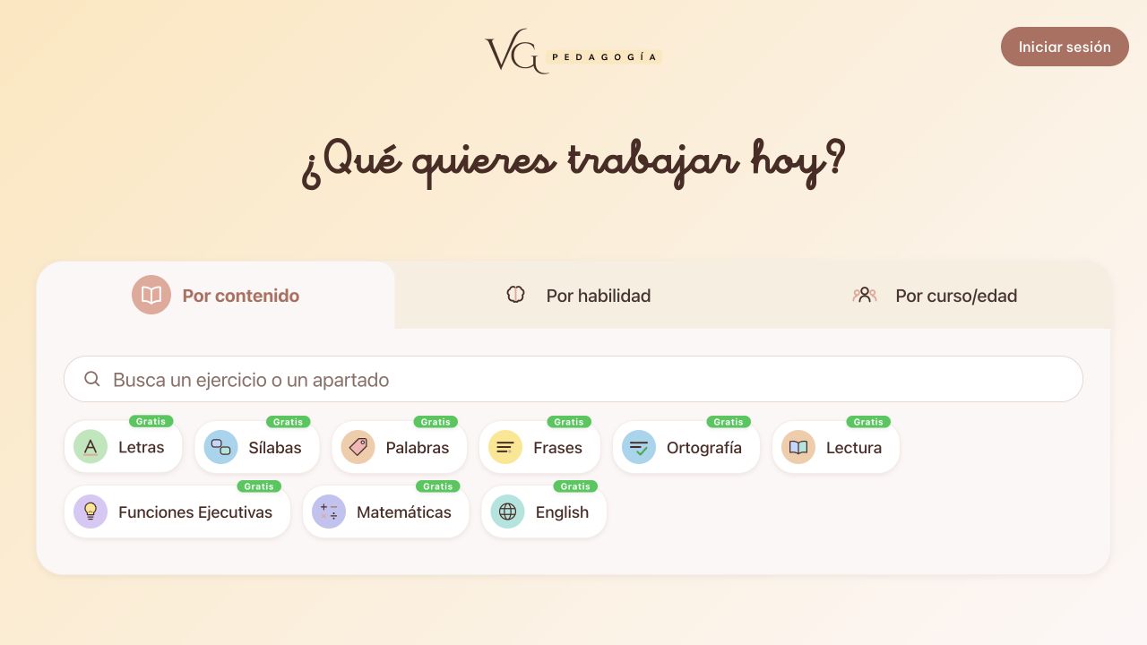 Catálogo de ReeducApp con actividades de letras, sílabas, palabras, lectura, ortografía, funciones ejecutivas, matemáticas e inglés.