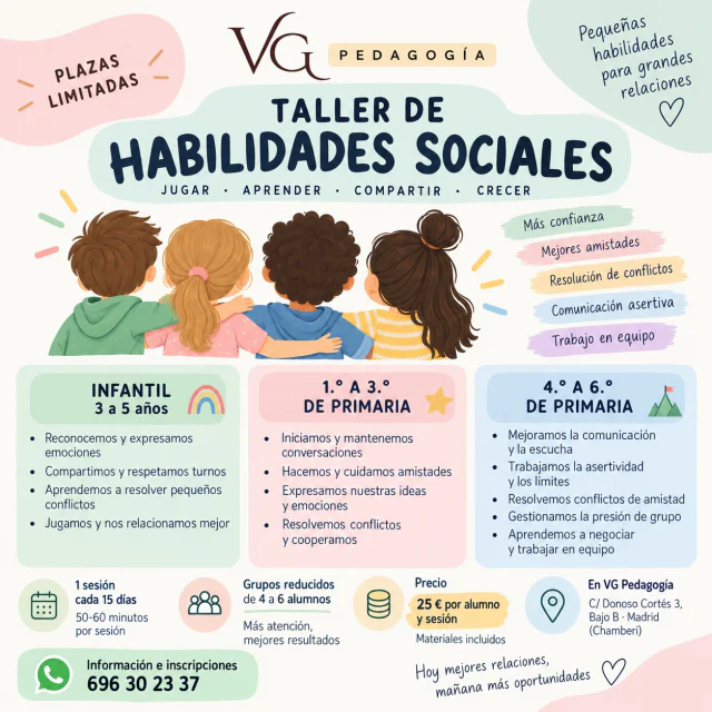 Cartel del taller de habilidades sociales: jugar, aprender, compartir y crecer