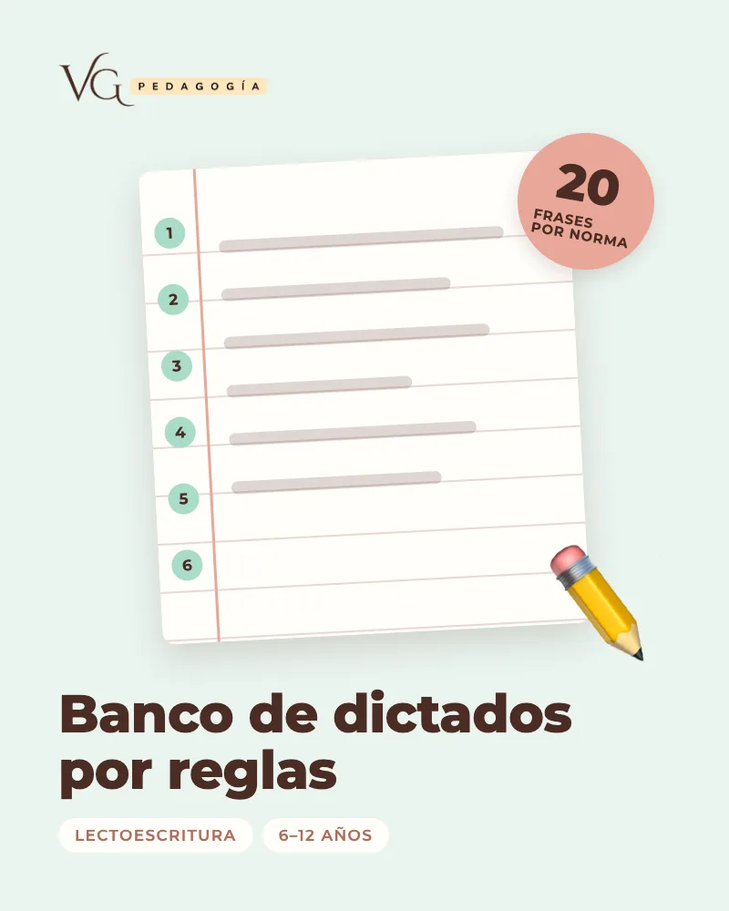 Portada de «Banco de dictados por reglas», recurso en PDF de VG Pedagogía