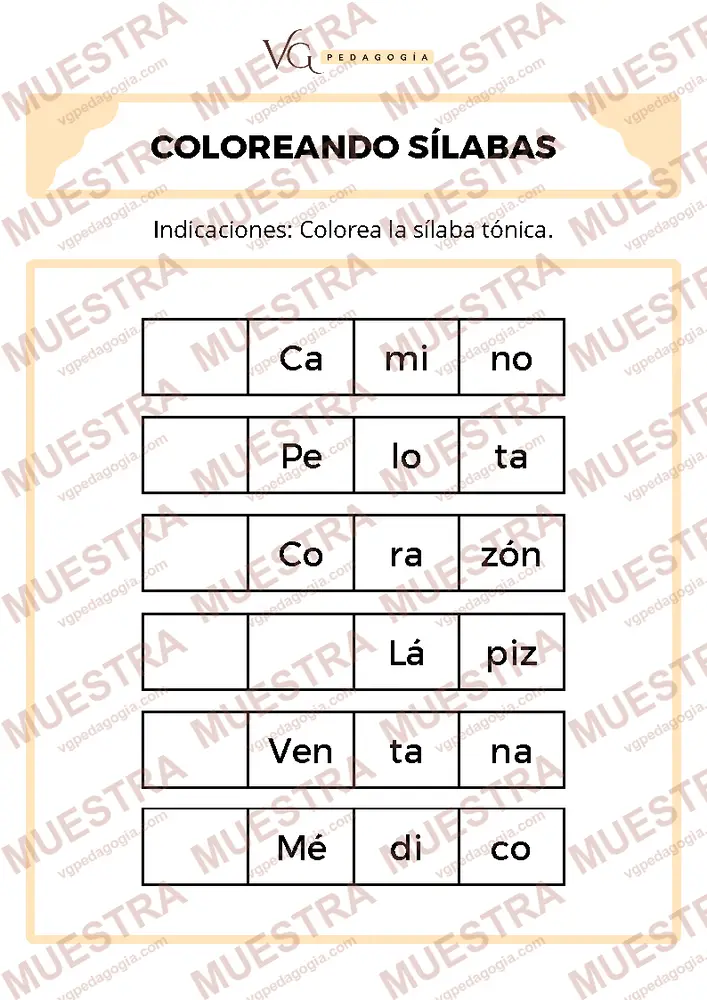 Página de muestra de «Colorea la sílaba tónica», con marca de agua